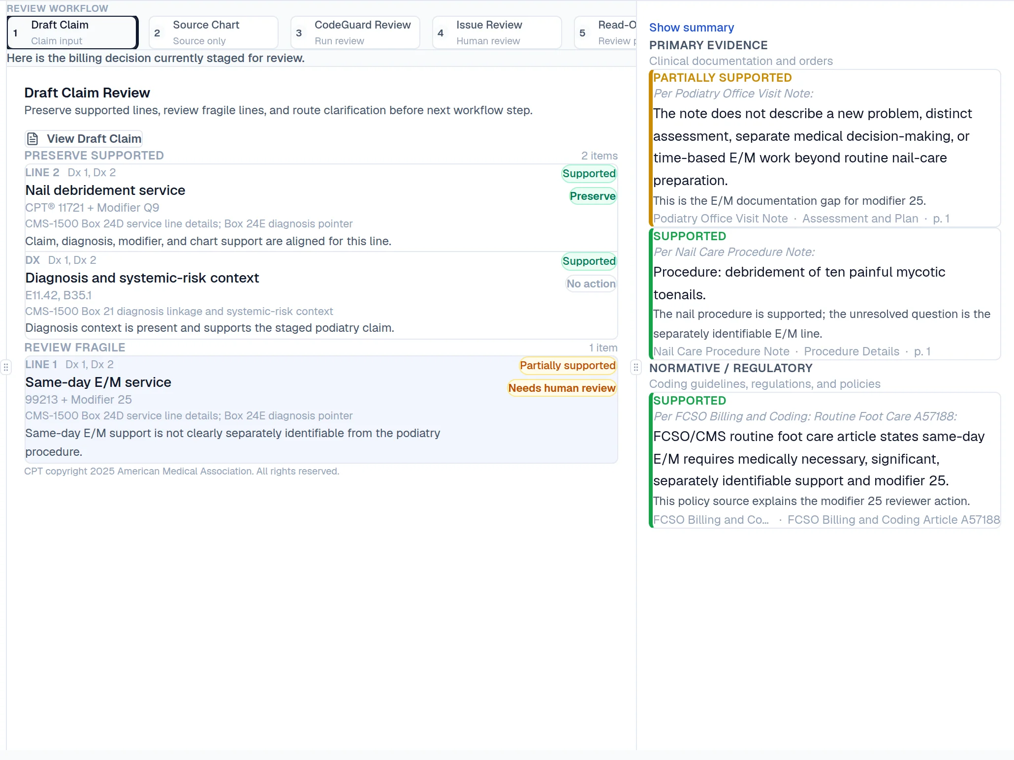Illustrative review screen 2 of 4 showing how Orchid organizes a claim signal for qualified human review