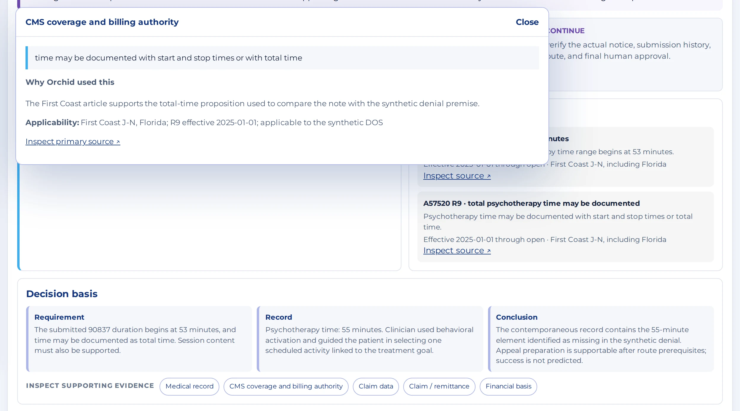 Orchid Review decision basis for a synthetic claim with the applicable CMS coverage and billing authority source open above the evidence chain and its inspect-supporting-evidence controls